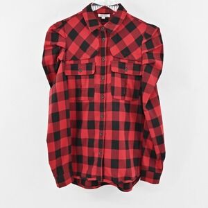 BADGLEY‎ MISCHKA Womens Gingham Top Size S Red Black Button Puff Sleeve Buffalo